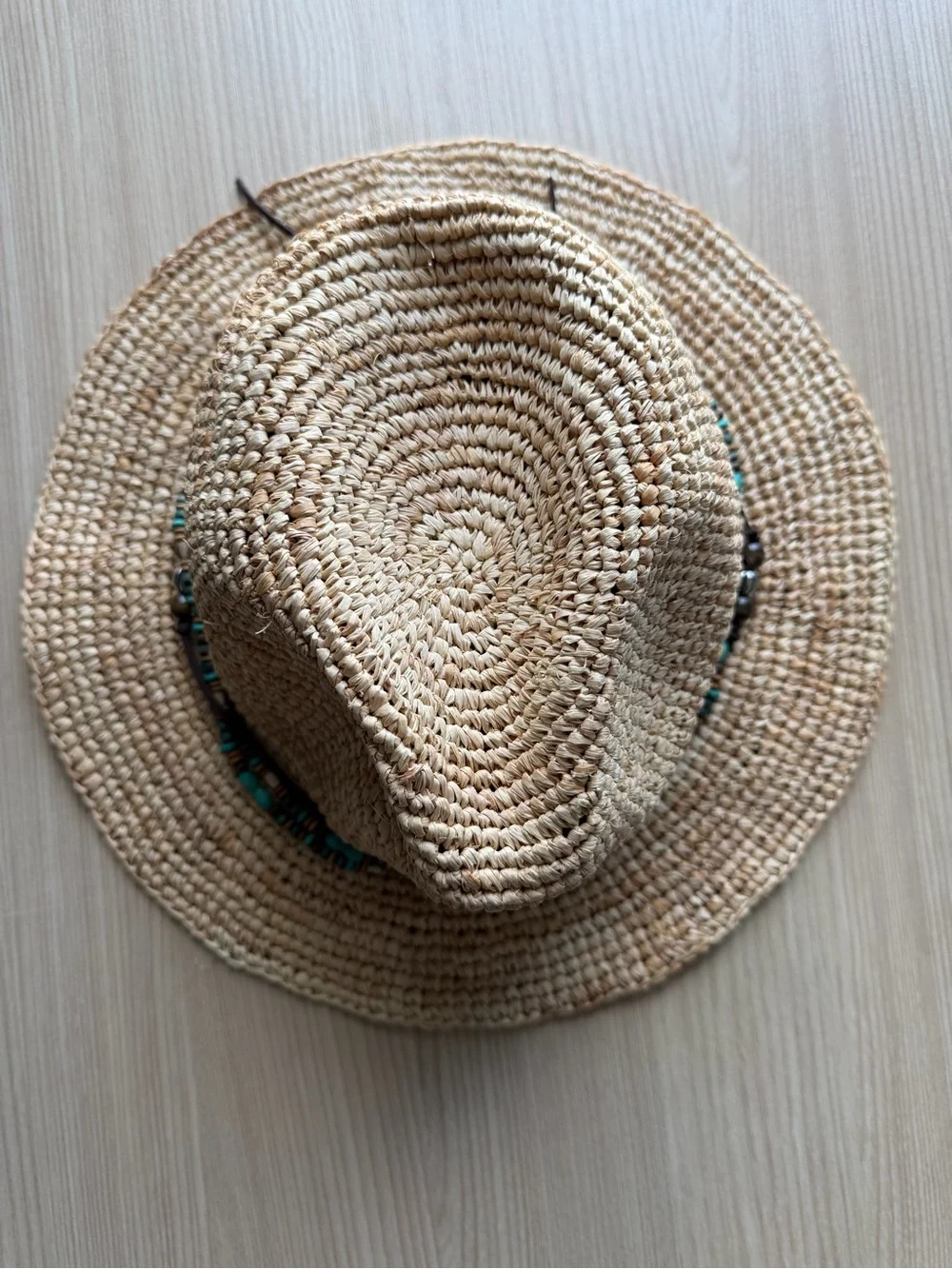 KOORINGAL 100% Raffia Sun Hat w/ Turquoise & Brown Bead 57 CM Bora Bora Safari